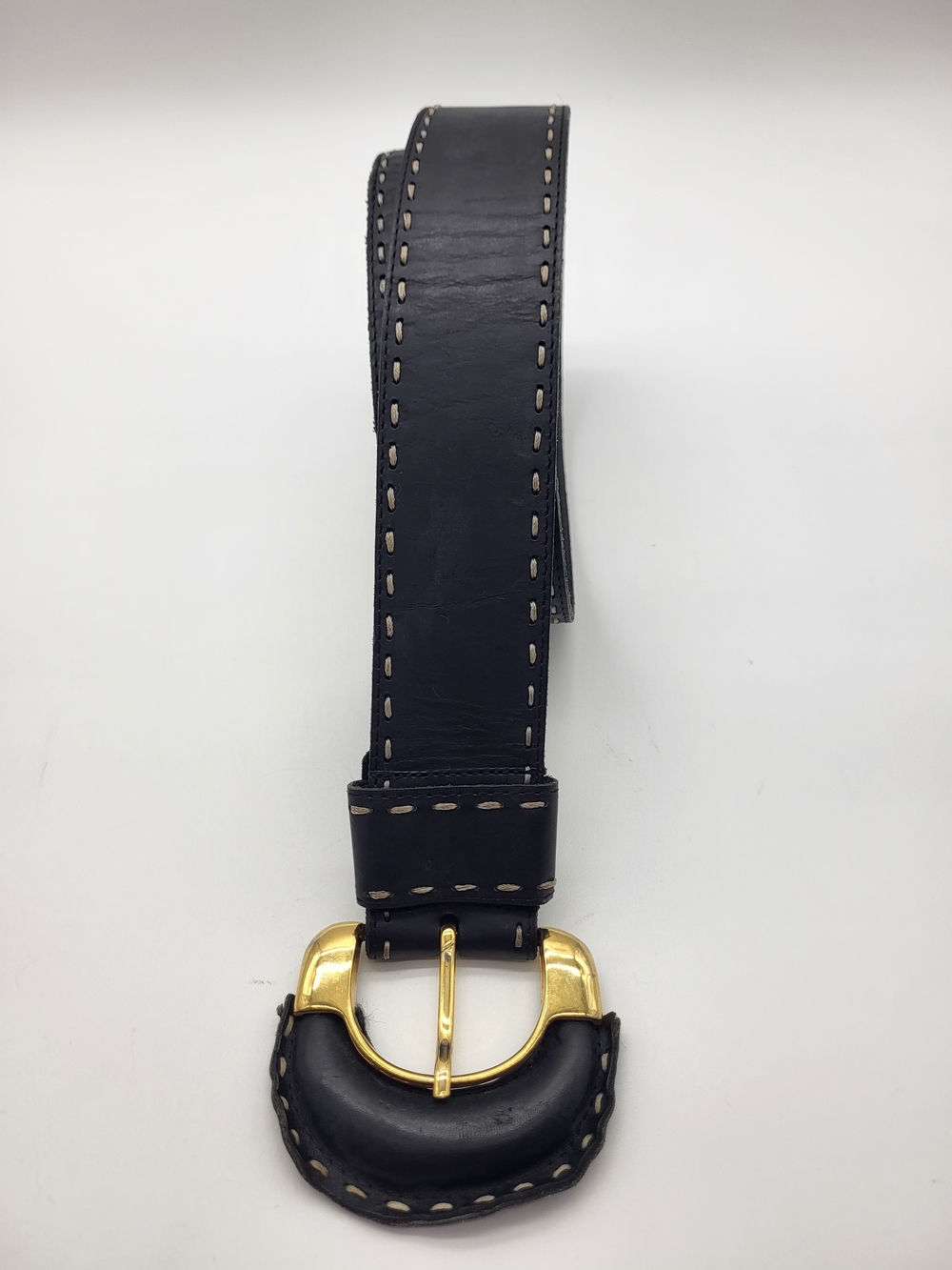 Black Leather Women’s Statement Belt with Contrasting Stitching and Gold Buckle